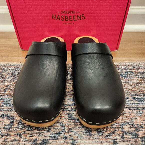 Sweedish Hasbeens Sweedish Husband black leather wood clogs Sz 8 - Picture 2 of 6